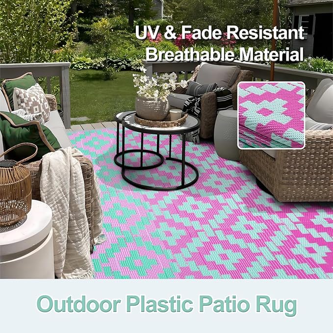 Wonnitar Outdoor Rug 9x12 Waterproof Reversible Plastic Straw Rug for Patio Clearance, Modern Outside Area Rug RV Rug for Camping, Indoor Outdoor Portable Mat for Deck Balcony Porch, Green/Pink