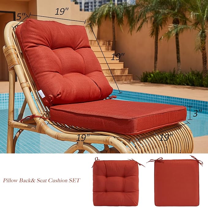 JMGBird Outdoor Seat Cushion Set 19"x19" Water-Repellent & Color-Lasting Patio Furniture Cushions, Deep Seat Bottom & Back Cushion with Adjustable Straps for Chair Sofa Couch(Orange Red)