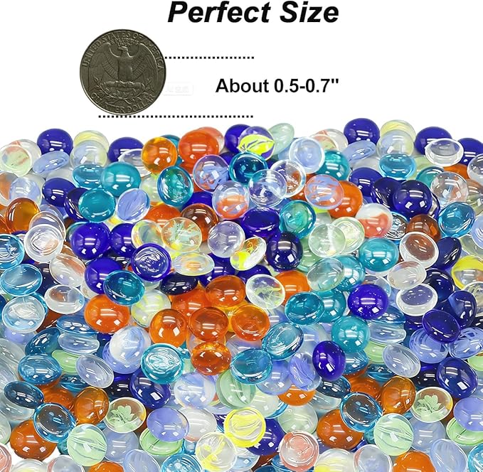 Mini Glass Gems for Vase,Mixed Colour Glass Stones Flat Bottom Marble Beads for Aquarium Fish Tank Planter Crafts Home Decorative Art Craft Vase Filler (Mixed, 1 Pound)