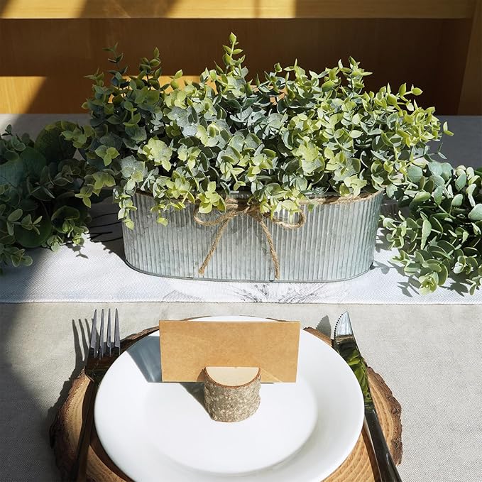 Winlyn Artificial Eucalyptus Arrangement in Rustic Oval Galvanized Metal Planter Box Faux Eucalyptus Bush Greenery Potted Plants for Farmhouse Indoor Home Office Table Centerpiece Kitchen Décor