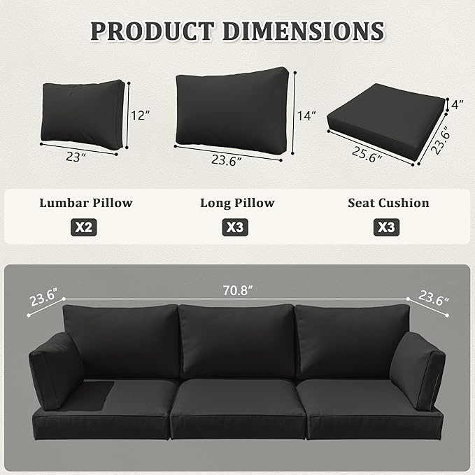 8-Piece Outdoor Cushions for Patio Furniture Thick Outdoor Chair Cushions Resilient Foam Waterproof Deep Seat Cushion Replacement for 3-Seat Sectional Sets Liner&Cover Black