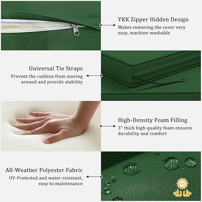 3 Pack Outdoor Replacement Cushions,36L x 18W x 3H,18L x 18W x 3H inch, High-Elastic Replacement Sponge for 4-Seater Water-Resistant Patio/Sofa with Removable Covers (Green)