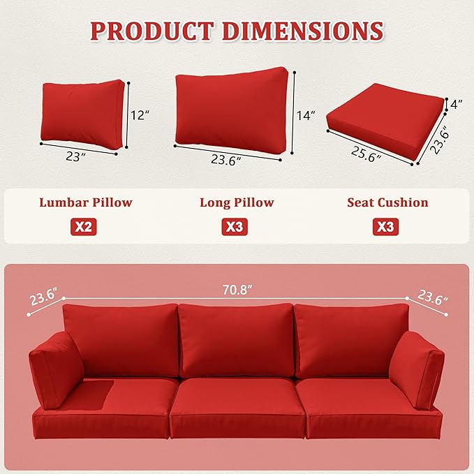 8-Piece Outdoor Cushions for Patio Furniture Thick Outdoor Chair Cushions Resilient Foam Waterproof Deep Seat Cushion Replacement for 3-Seat Sectional Sets Liner&Cover Red