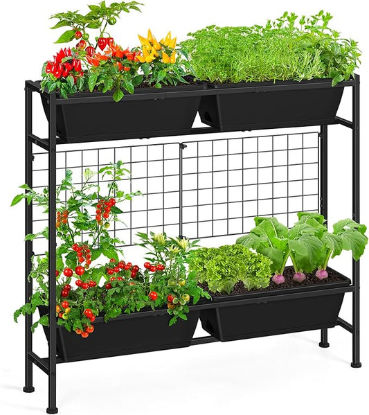 OYEAL Raised Garden Bed 32" Tall Elevated Planter Boxes with Trellis & Legs, Standing Herb Garden Planter Outdoor for Gardening, Vegetables, Flowers, Herbs, Backyard, Black