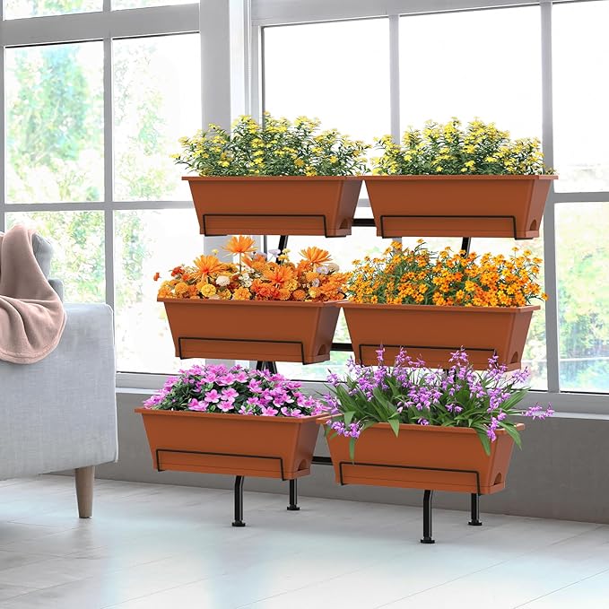 Sunexinlo 3-Tier Vertical Garden Planter with 6 Boxes, 31" Tall Raised Garden Bed with Adjustable Feet for Herbs, Flowers, Vegetables, Ideal for Indoor, Outdoor, Patio, Balcony, Deck Use, Brick Red