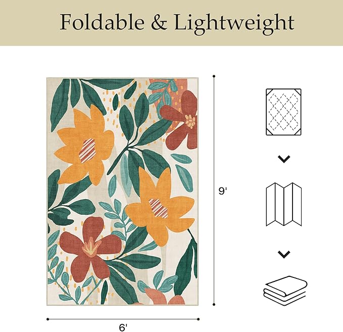 GENIMO Indoor Outdoor Area Rug 6'x9', Machine Washable Rugs for Patio, Waterproof, Non-Slip Easy Cleaning Floral Outdoor Mat Carpet for Living Room, Bedroom, RV, Balcony, Deck, Camping,Sage Orange