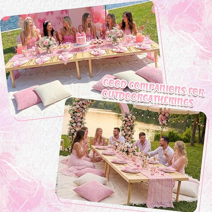 91 x 71 Extra Large Outdoor Boho Picnic Blanket with Pink Table Runner, 12 Throw Pillow Covers 12 Napkins Woven Cotton Yarn Oversize Beach Blanket Washable Picnic Camp Wedding