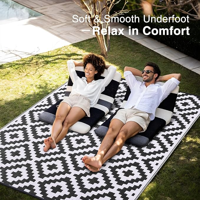 OLANLY Waterproof Outdoor Rug 9x12 ft, Outdoor Plastic Straw Rug for Camping, RV Mat Outside, Indoor Outdoor Carpet for Porch, Deck, Backyard, Balcony, Picnic, Black & White