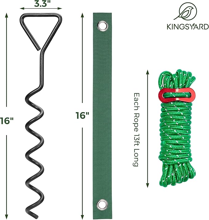 Kingsyard Tree Stakes and Supports for Leaning Trees, 3 Pcs 16 Inch Heavy Duty Spiral Tree Stake Kit for Young Trees Straightening with 3pcs Trees Straps & 3pcs 13ft Anchor Ropes, Anti Strong Wind
