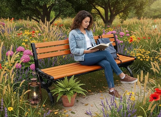 Outdoor Benches Cast Aluminum Preservative Wood 67IN(170CM) Patio Garden Bench Perfect for Backyard, Lawn, Porch, Path