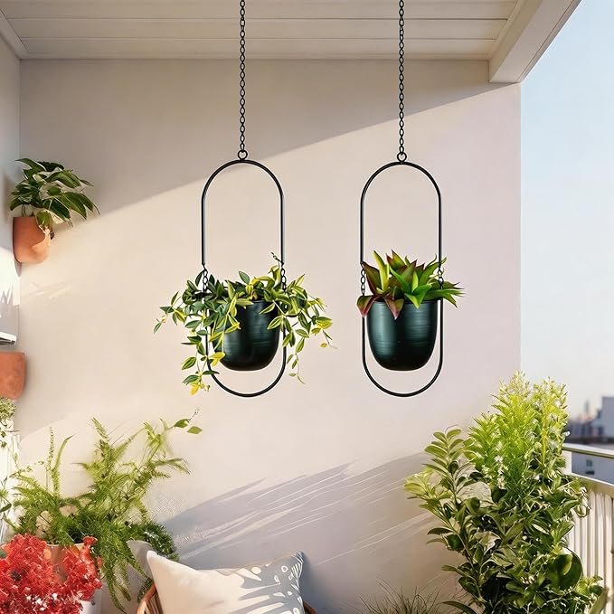 Metal Oval Hanging Planter, Set of 2 Black Geometric Plant Hangers with 6 inch Flower Pots in Oval Shape, Modern Wall and Ceiling Plant Holders for Indoor Outdoor Plants Home Décor