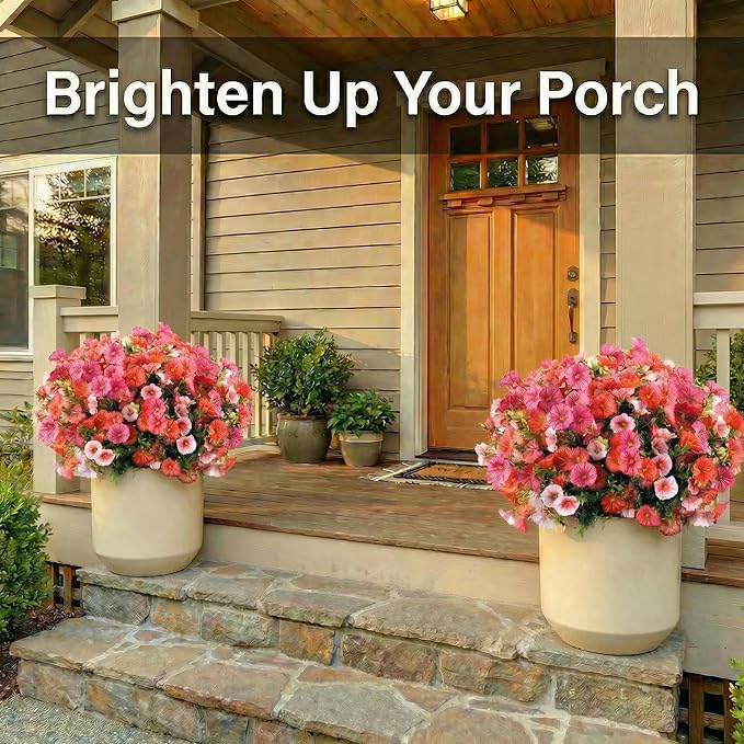12Pcs Artificial Outdoor Flowers for Outdoors, Faux Silk Realistic Morning Glory Floral Arrangement Planter UV Resistant for Porch Patio Window Box Balcony Garden Decor (12pcs Mixed Pink)