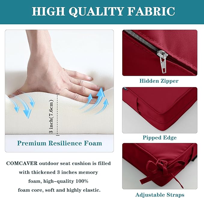 Outdoor Bench Cushions 59 x 18 Inch Thick Waterproof Porch Swing Cushions with Tie Patio Furniture Chair Cushion Bench Pad 5 Year Color Fastness Backyard Seat Pads Burgundy