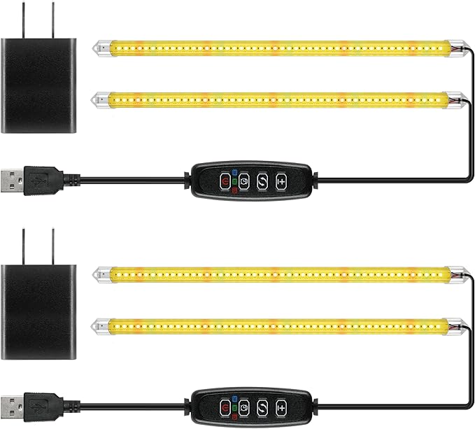 iPower 20W LED Plant Grow Light Strips Full Spectrum for Indoor Plants with Auto ON/Off 3/9/12H Timer, 10 Dimmable Levels 48 LEDs Per Light Strip, 2 Tubes, Yellow