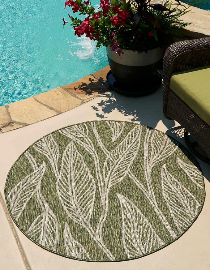 Unique Loom Outdoor Botanical Collection Area Rug - Leaf (12' Round Green/Ivory)