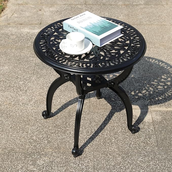 Cast Aluminum Outdoor Side Table, All Weather Round Small Coffee Table for Patio,Park,Lawn,Yard (18.5" Black)