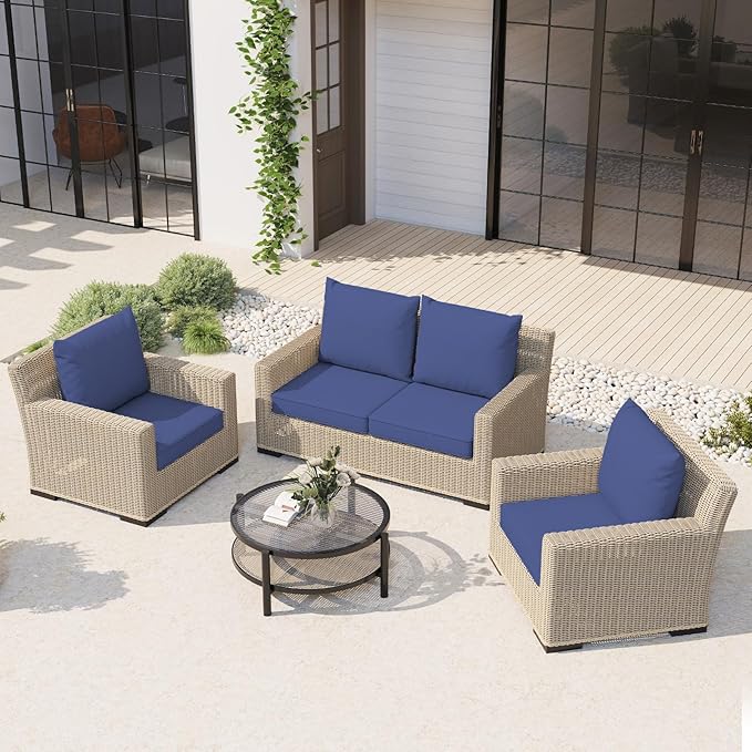 Outdoor Chair Cushions Set of 4, 24 x 24 Inch Patio Furniture Cushions with Splash-Proof Covers, Outdoor Cushions for Patio Furniture Replacement, Navy Blue