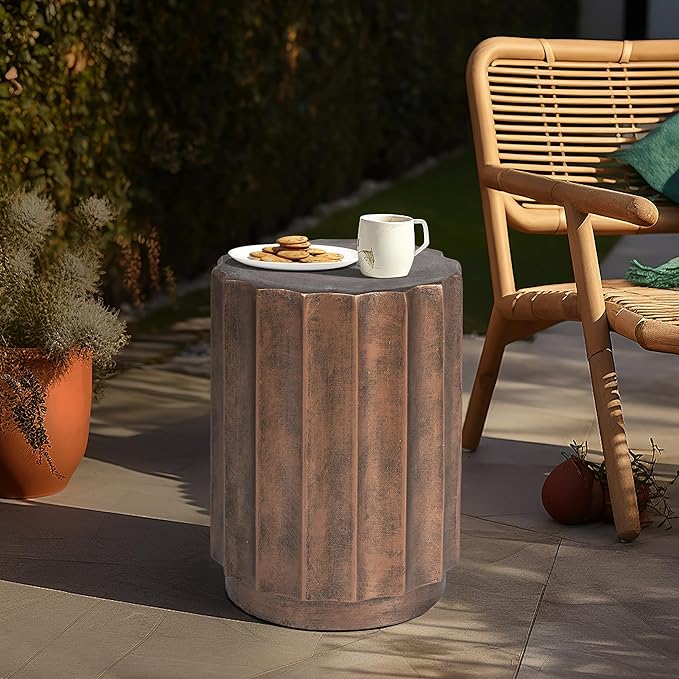 LuxenHome Weathered Copper Cement Fluted Round Indoor Outdoor Side and End Table, Set of 2