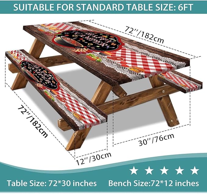 Happy Camper Picnic Table Cover with Bench Covers Elastic Edges, Wooden Red Plaid Fitted Table Cover, Outdoor Patio Camping Essentials 60 Inch 3PCS, Waterproof Fitted Tablecloth with Drawstring Bag