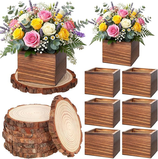 Leinuosen 16 Pcs Wedding Centerpieces Decor Set 8 x 4-inch Rustic Wood Cube Planter Box with 8 x Natural Wood Slices Tabletop Floral Arrangements for Baby Shower Home Garden Decorations