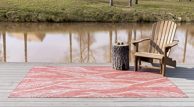 Unique Loom Outdoor Botanical Collection Area Rug - Leaf (7' 1" x 10' Rectangle, Rust Red/ Gray)
