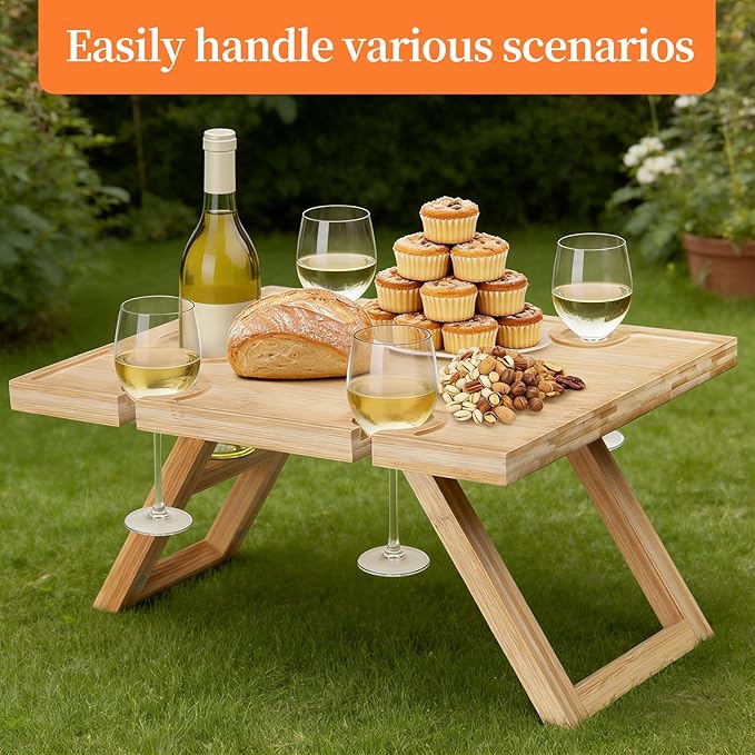 Portable Picnic Table, Folding Wine Picnic Table with 5 Wine Glasses Holder, Small Champagne Snack Cheese Table for Camping Beach Park
