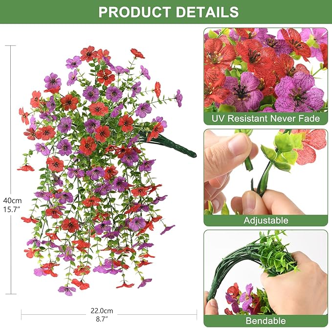 Artificial Hanging Flowers for Outdoors Spring Decoration, 2PCS Silk Fake Daisy Realistic Fake Outdoor Flowers UV Resistant Porch Patio Window Yard Decor(Purple Red)