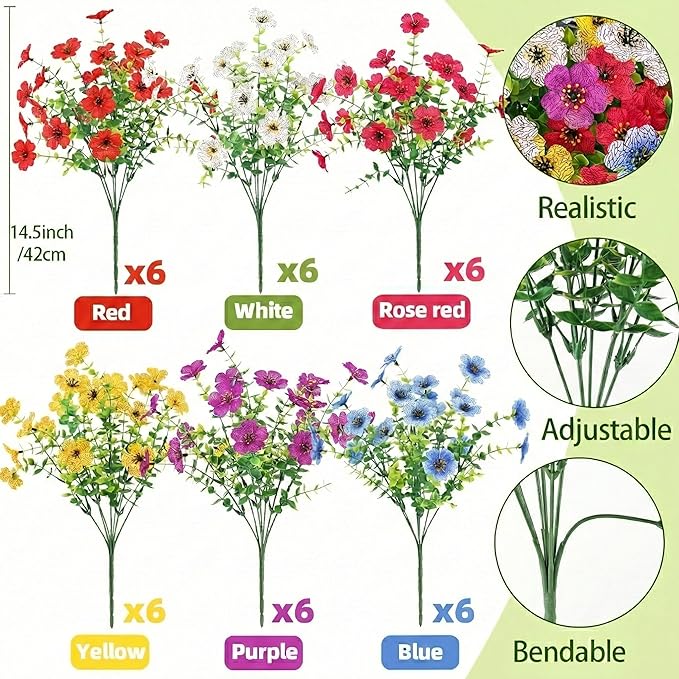 Artificial Spring Flowers Outdoor Faux Plants UV Resistant Fake Patio Flowers Plastic Greenery Plnats Outside Bulk for Spring Garden Hanging Planter Home Vase Decor, 36 Bundles (Multicolor)