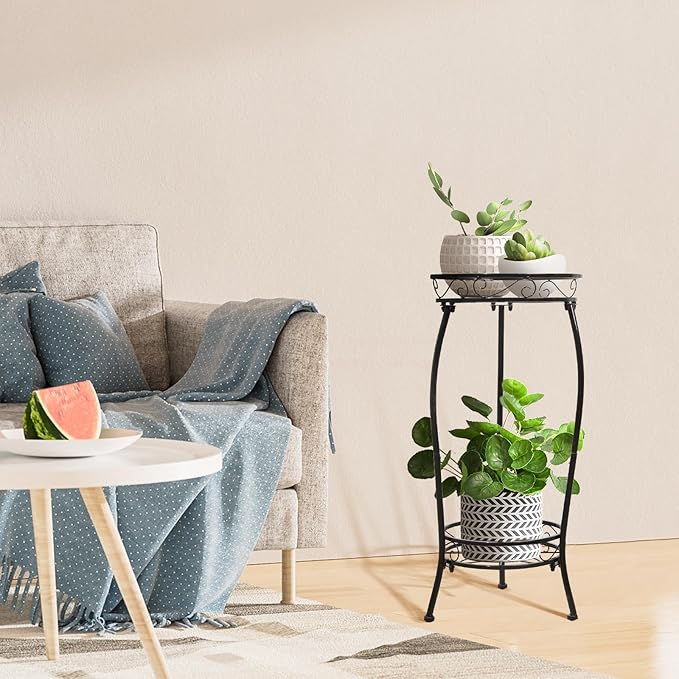 2 Pack Plant Stand Indoor Outdoor 2 Tier 27" Tall Metal Potted Holder Rack Flower Pot Stand Heavy Duty Plant Shelf Rustproof Iron Multiple Plant Round Supports Rack for Planter Corner Garden