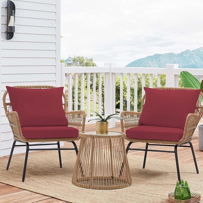 Outdoor Chair Cushions 3 Set,24 x 24 x 5IN, Patio Deep Seat Cushion for Patio Furniture, Waterproof & Fade Resistant Thick Deep Seating Pads for Outside Wicker Ratten Chair Sofa Couch,Burgundy