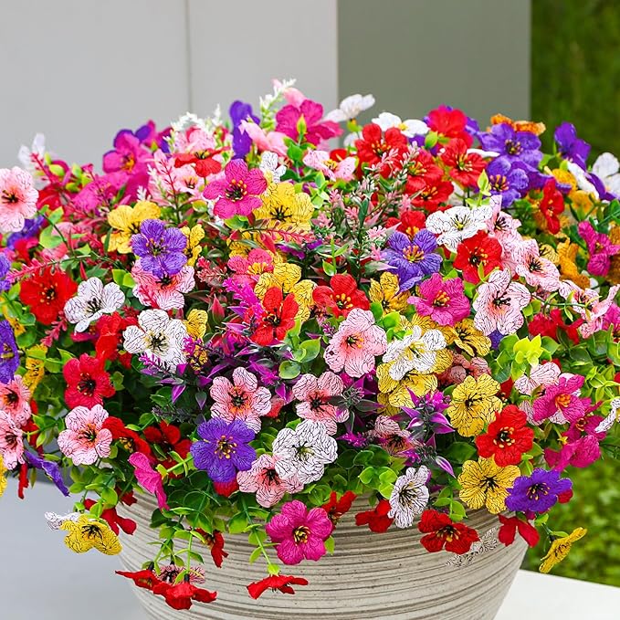 SHareconn 48 Bundles Artificial Flowers for Outdoors Decoration, Faux Plants Fake Silk Colorful Daisy Eucalyptus Lavender,UV Resistant for Outside Home indoor Spring Decor,RedRosyPurpleYellowPinkWhite