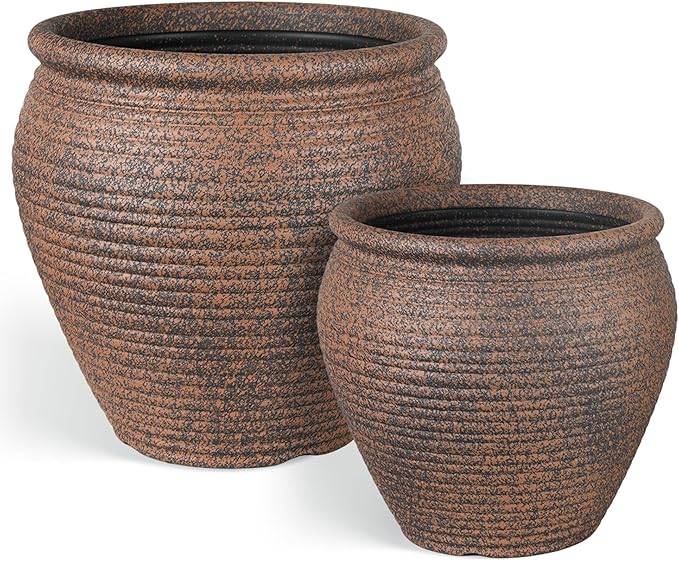 WORTH Clay-Pot-Style Plastic Planter Pots Set of 2 (Large: 17"Dia x 16"H & Small: 13"Dia x 13"H), Rustic style Flower Pots, Lightweight Plant Pots with Drainage Hole & Plug for Indoor & Outdoor Use
