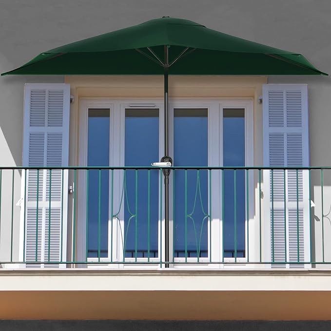 9-Ft Half Patio Umbrella Easy Crank Semicircle Balcony Shade with 20lb Weighted Base for Deck, Porch, or Against a Wall by Pure Garden (Hunter Green)