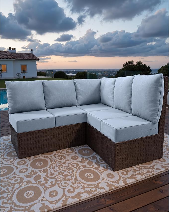 Luxury 24x24x6 Outdoor Cushions for 5-Seat Sectional Sofa Set of 5 - Water-Repellent 11-Piece Patio Cushion Set for Outside Rattan Wicker Loveseat Chair L-Shape Couch - Baby Blue/Classic