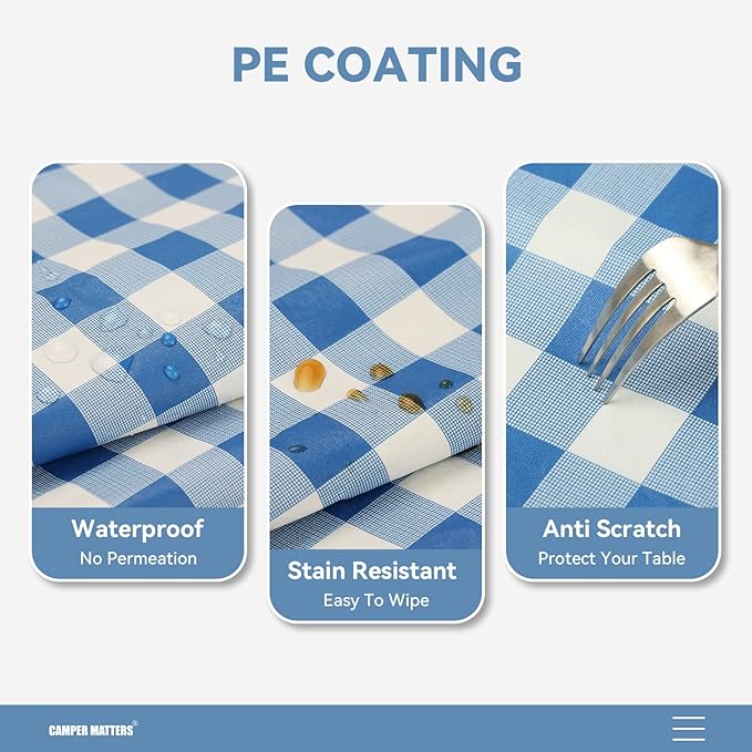 Picnic Table Cover and Bench Covers, Fitted Tablecloth Cover with Elastic Edge, Water and Oil Proof, for Outdoor, Garden, Camping, 96x30 Inch, 3 Pieces Set, Blue & White