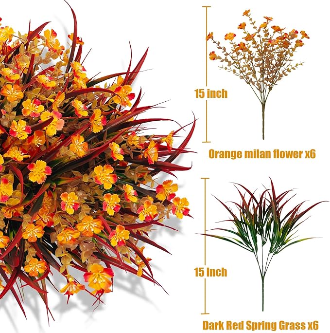 Artificial Fall Flowers Faux Mums, Autumn Outdoor Indoor Decor, Fake Daisy Plants with Eucalyptus Leaves Grass, Orange Flowers UV Resistant Greenery for Porch Patio Boxwood Home Garden, 12PCS