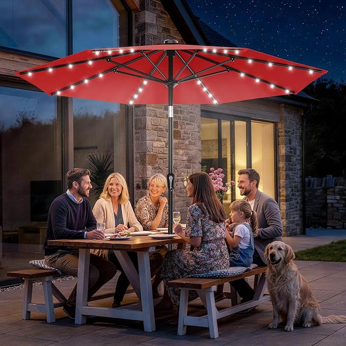 AreShark 9FT Patio Umbrella with Solar Lights, 32 LED Lighted Pool Umbrella w/Tilt and Crank, Outdoor Market Solar Umbrellas for Garden, Deck, Backyard, Pool and Beach, Red