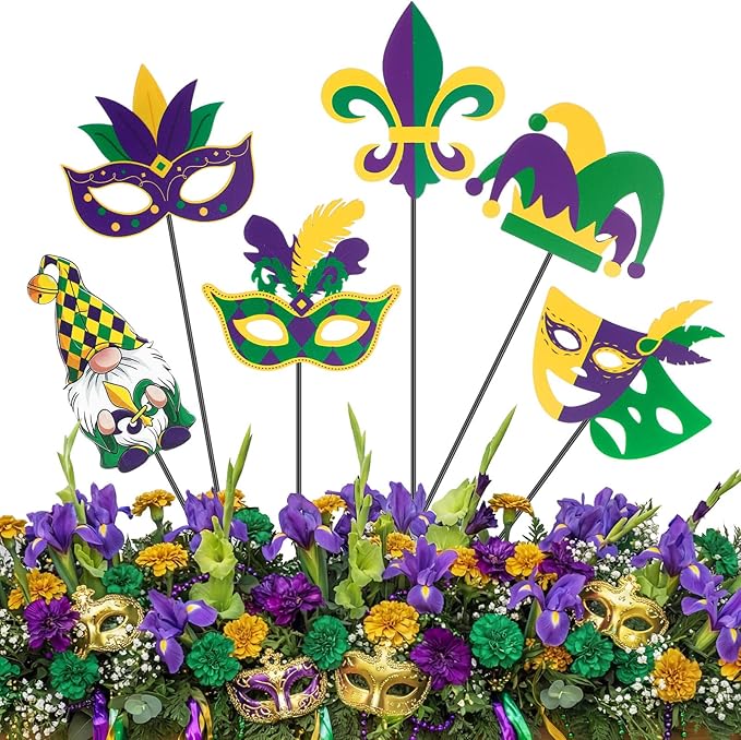 Pickmesh 6 Pcs 12" H Mardi Gras Metal Yard Sign Metal Yard Sign Barn Garden Stake for Mardi Gras Planter Pot Walkway Pathway Outdoor Decor Lawn Decoration