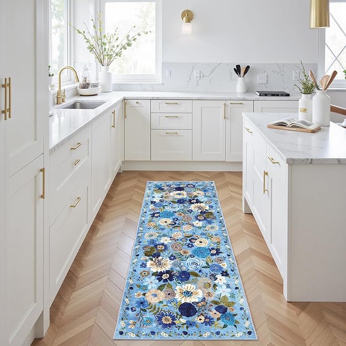Rug for Hallways Kitchen Rug 2x6, Non Slip Washable Rugs with Rubber Backing Soft Floral Carpet Runner for Hallways, Kitchen, Laundry, Bedroom, Bathroom (Blue Garden, 2 x 6)