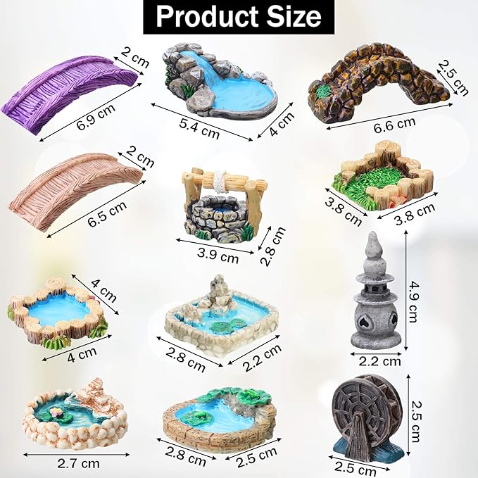 Jetec 12 Pcs Mini Fairy Garden Accessories Miniature Tiny Stone Bridge Mini Pond Lighthouse Water Well Waterwheel Figurines Resin Ornaments for DIY Craft, Lawn Pond Decor