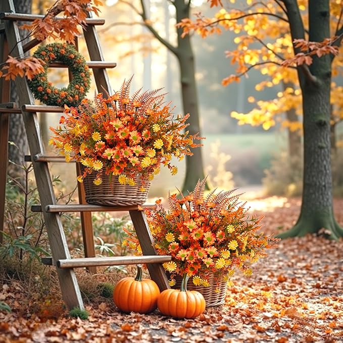 Fall Flowers Artificial for Thanksgiving Decoration, Artificial Mums for Outdoors, 10 Bundles Fake Fall Plants, Faux Mums for Outdoor Planters, Indoor Home Porch Decor (Early Harvest)