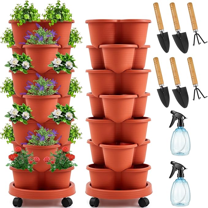 Umigy 2 Set of 7 Tier Stackable Vertical Planters with Removable Wheels and Tools Tower Planters Strawberry Herb Flower Vegetable Pots Indoor Outdoor Gardening Pots(Clay Red)