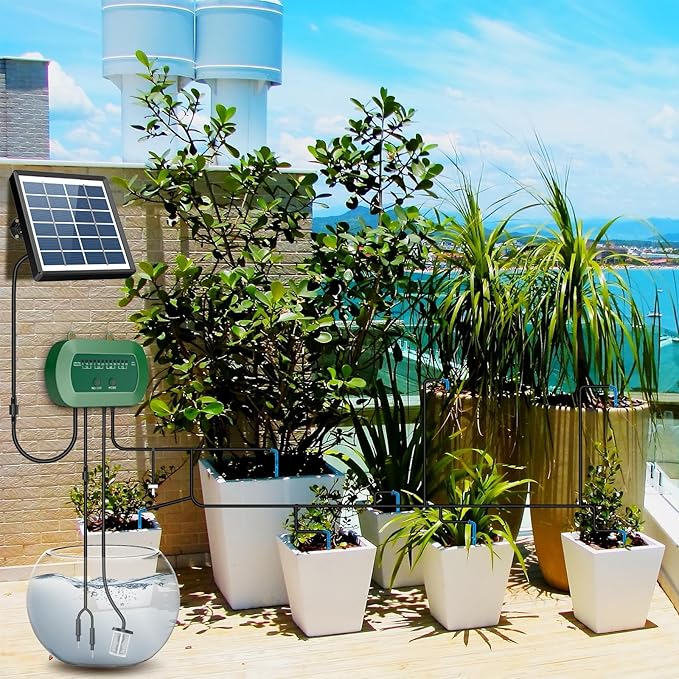 Solar Drip Irrigation System, Automatic Watering Kit for 15 Pots with 49ft Hose, Anti-Siphon Garden Irrigation System for Vacation, Balcony & Greenhouse, 12 Modes Self Watering System, Split