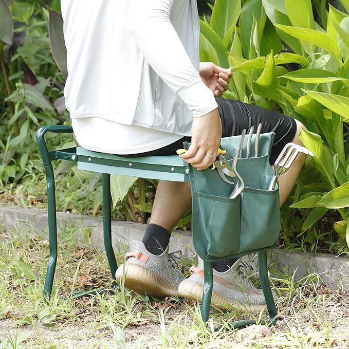 HomGarden Folding Garden Kneeler and Seat Bench 2 in 1, with Kneeling Pad & Large Tool Pouch, Ergonomic Foldable Gardener Stool for Seniors with Bad Knees, Outdoor Gardening Gifts for Women (2 Sets)