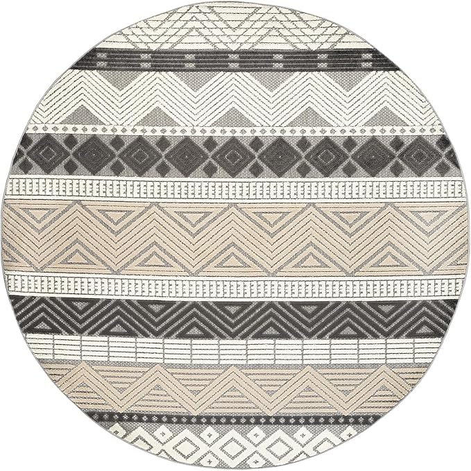 Rugshop Gray Marbella Boho Indoor/Outdoor Round Area Rug, Machine Washable for Patio, Deck and Seating Area 8' Round