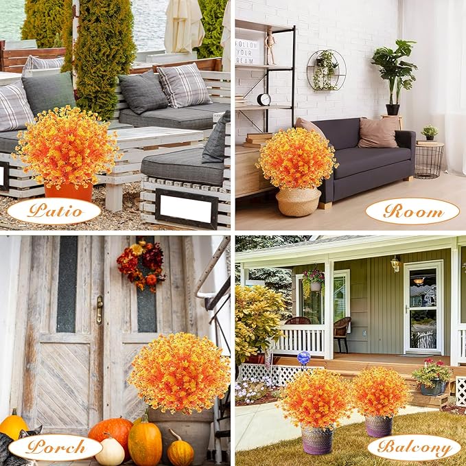 Yunlly 2 Pcs Outdoor Artificial Topiary Ball Trees 22" with Colorful Flowers, Boxwood Fake Bushes Shrubs with Spike, UV Resistant Evergreen Plants for Front Porch Garden Decor (Fall Orangeyellow)