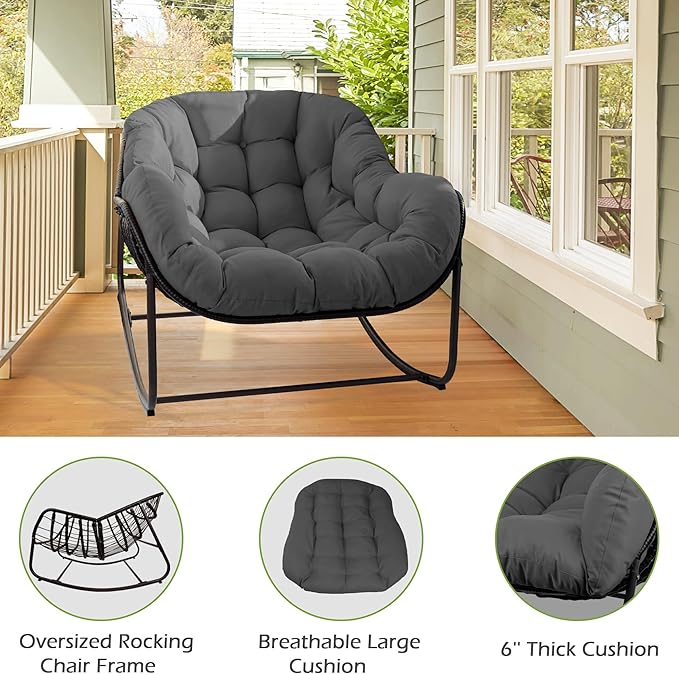 Papasan Rocking Chair, Oversized Papasan Chair with Cushion and Frame for Indoor& Outdoor,Egg-Shaped Patio Rocking Chair for Garden, Deck, Living Room, Light Grey
