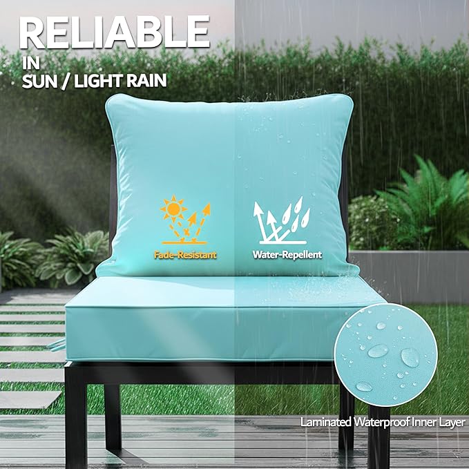 24x24 Inch Outdoor Chair Cushions Set of 2, Patio Furniture Cushions - Removable Cover, Water-Repellent, Fade-Resistant, Non-Slip Bottom & Straps, Replacement for Deep Seat Sofa & Couch - Light Blue
