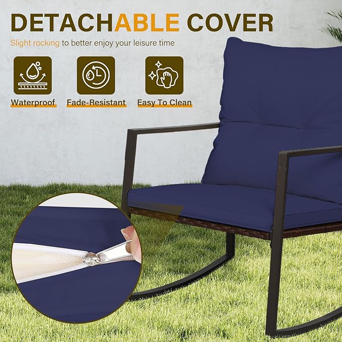 SUNCROWN 3 Piece Outdoor Rocking Bistro Set Brown Wicker Furniture Porch Chairs Conversation Sets with Glass Coffee Table, Dark Blue