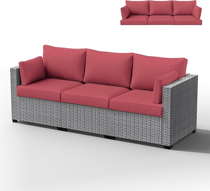 Outdoor Furniture Replacement Cushions, Waterproof Patio Furniture Cushions, 4" Deep Seat Outdoor Sectional Cushion for 3-Seat Outdoors Rattan Sofa Patio Sofa Cushion, Fuchsiared